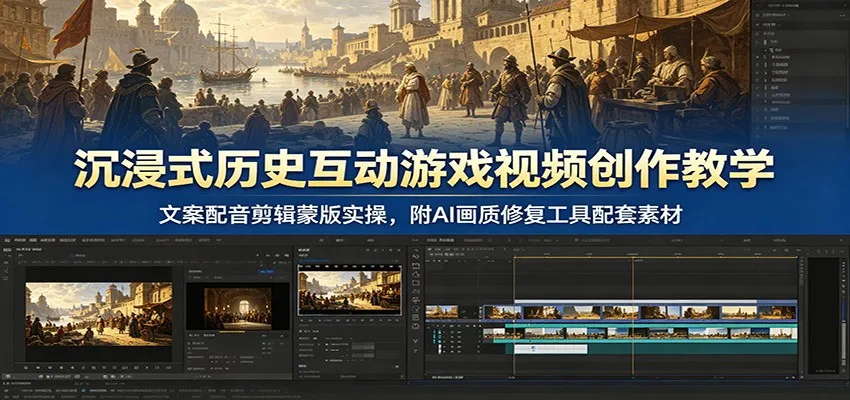 沉浸式历史互动游戏视频创作教学：文案配音剪辑蒙版实操，附AI画质修复工具配套素材-e家网