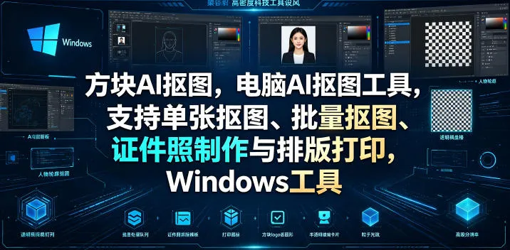 方块AI抠图，电脑AI抠图工具，支持单张抠图、批量抠图、证件照制作与排版打印，Windows工具-e家网