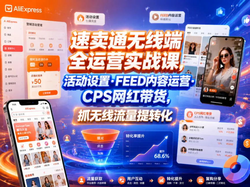 速卖通无线端全运营实战课，活动设置・FEED内容运营・CPS网红带货，抓无线流量提转化-e家网