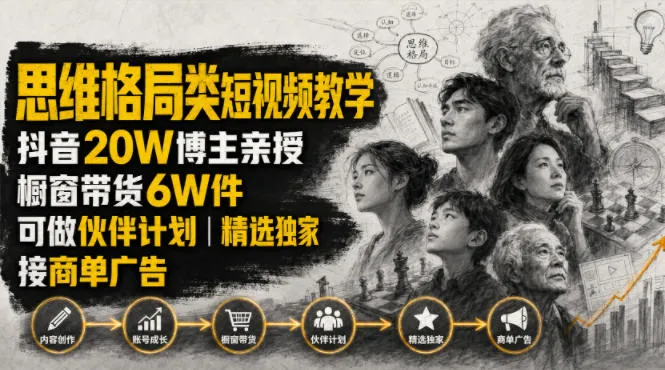人性思维格局类短视频教学，抖音20W博主亲授，橱窗带货6W件，可做伙伴计划、精选独家、接商单广告-e家网
