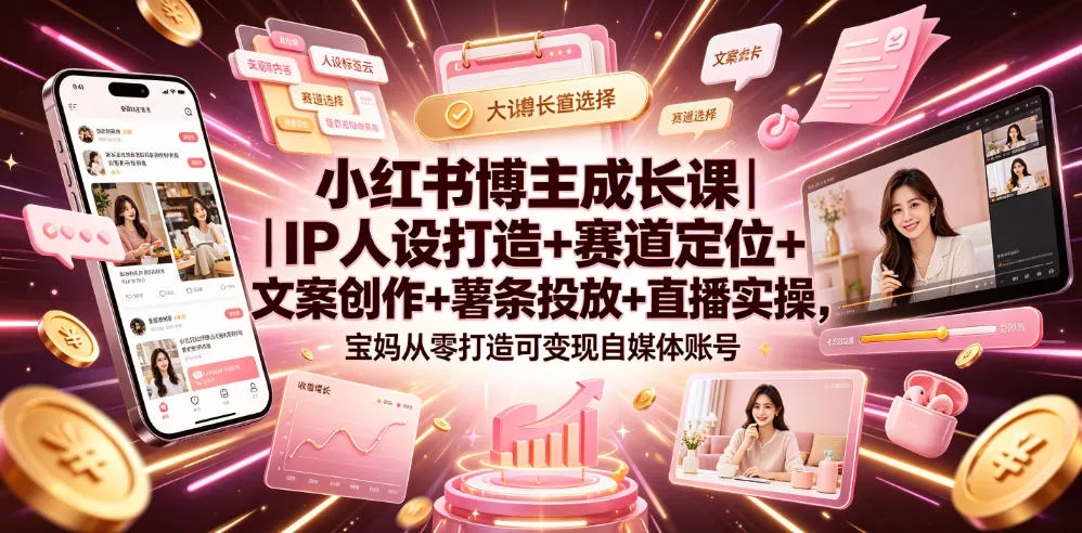 小红书博主成长课｜IP人设打造+赛道定位+文案创作+薯条投放+直播实操，宝妈从零打造可变现自媒体账号-e家网