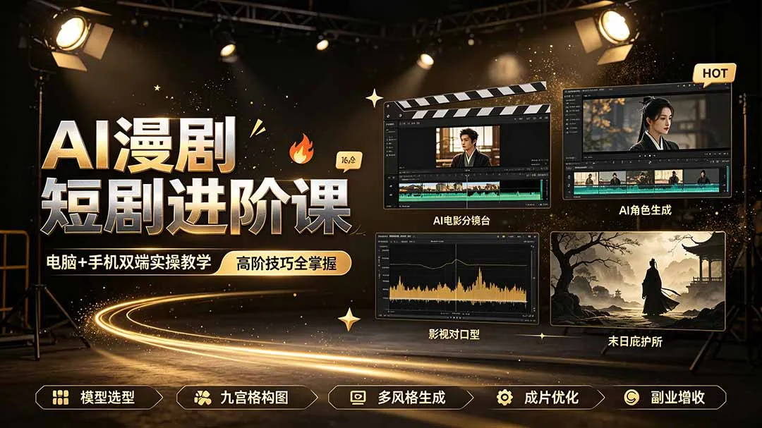 AI漫剧短剧进阶课｜电脑+手机双端实操教学｜影视剧对口型人物吃瓜×解压末日庇护所全程讲解，高阶技巧全掌握-e家网