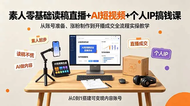 素人零基础读稿直播+AI短视频+个人IP搞钱课，从账号准备、涨粉制作到开播成交全流程实操教学-e家网