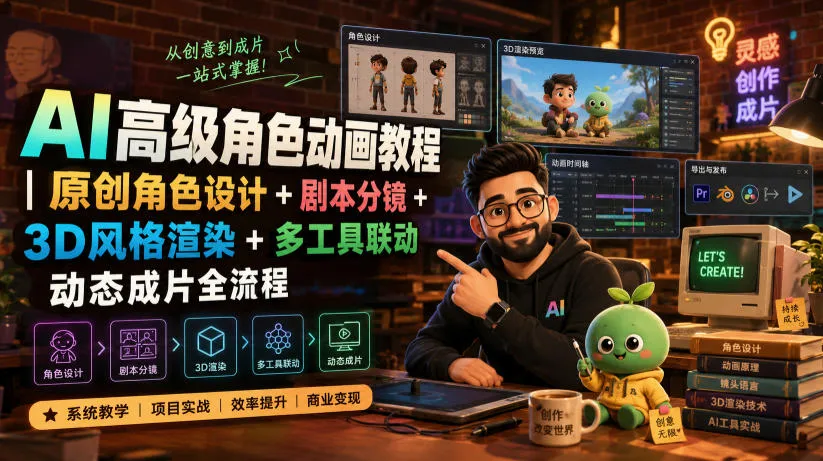 AI高级角色动画教程｜原创角色设计+剧本分镜+3D风格渲染+多工具联动动态成片全流程【中英字幕】-e家网