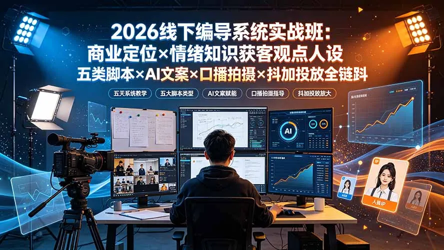 2026线下编导系统实战班：商业定位×情绪知识获客观点人设五类脚本×AI文案×口播拍摄×抖加投放全链路-e家网