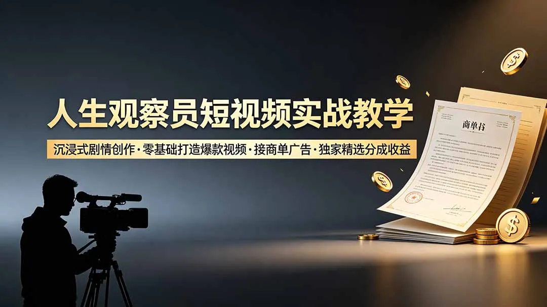 人生观察员短视频实战教学，沉浸式剧情创作，零基础打造爆款视频，接商单广告，独家精选分成收益-e家网