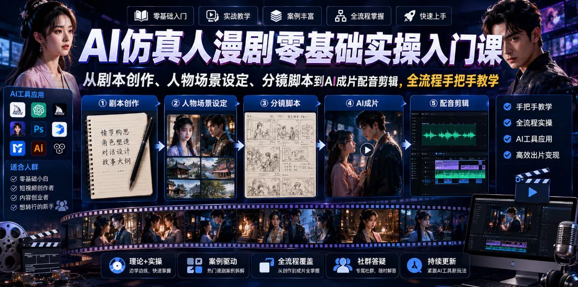 AI仿真人漫剧零基础实操入门课，从剧本创作、人物场景设定、分镜脚本到AI成片配音剪辑，全流程手把手教学-e家网