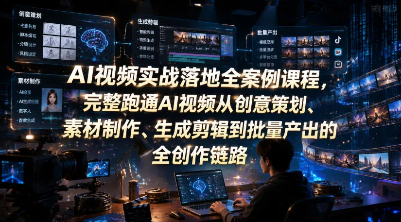 AI视频实战落地全案例课程，完整跑通AI视频从创意策划、素材制作、生成剪辑到批量产出的全创作链路-e家网