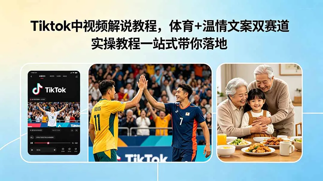 Tiktok中视频解说教程，体育+温情文案双赛道实操教程一站式带你落地-e家网