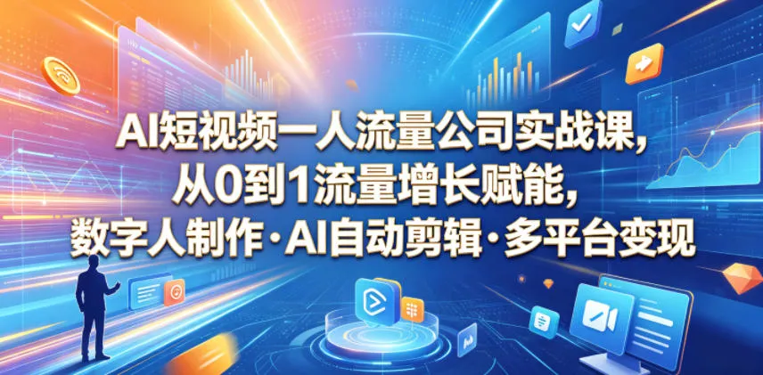 AI短视频一人流量公司实战课，从0到1流量增长赋能，数字人制作・AI自动剪辑・多平台变现，一人做流量生意全落地教程-e家网