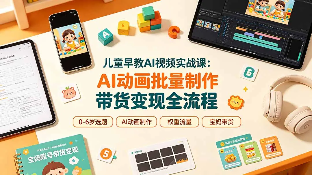 儿童早教AI视频实战课：0-6岁认知选题｜AI动画批量制作｜权重流量拉升｜宝妈账号带货变现全流程-e家网