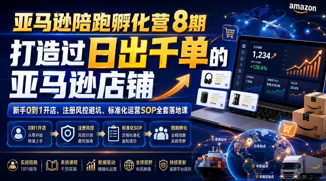 亚马逊陪跑孵化营8期，打造过日出千单的亚马逊店铺，新手0到1开店、注册风控避坑、标准化运营SOP全套落地课-e家网