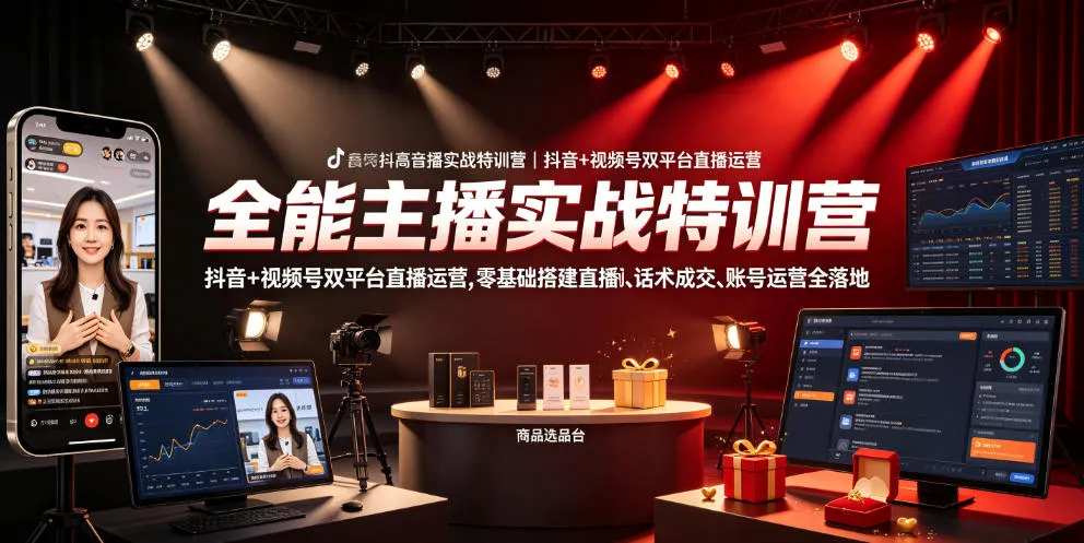 全能主播实战特训营｜抖音+视频号双平台直播运营，零基础搭建直播间、精准选品、话术成交、账号运营全落地-e家网