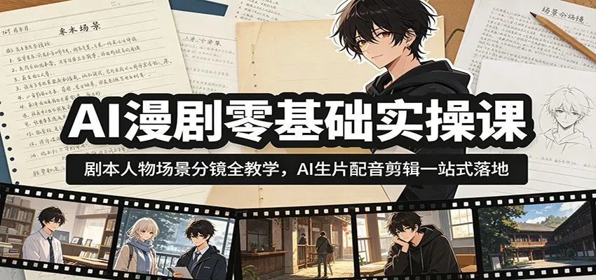 AI漫剧零基础实操课：剧本人物场景分镜全教学，AI生片配音剪辑一站式落地-e家网