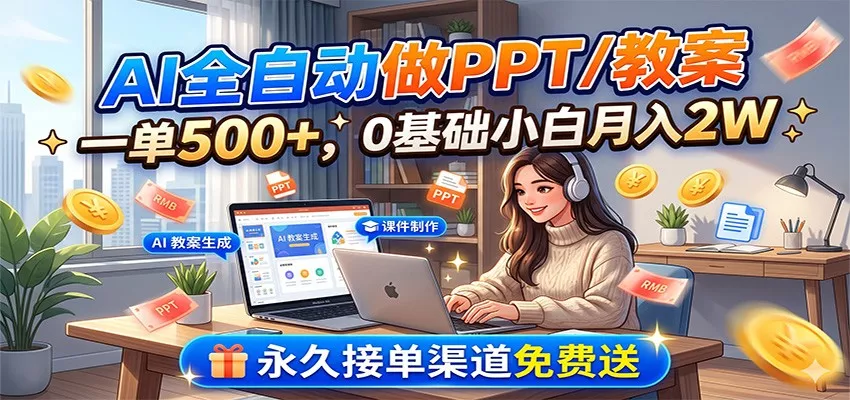 AI全自动做PPT/教案，一单500+，0基础小白月入2W，永久接单渠道免费送-e家网