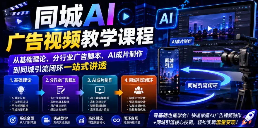 同城AI广告视频教学课程，从基础理论、分行业广告脚本、AI成片制作到同城引流闭环一站式讲透-e家网