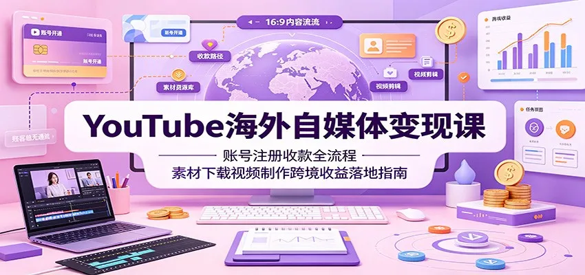 YouTube海外自媒体变现课：账号注册收款全流程，素材下载视频制作跨境收益落地指南-e家网