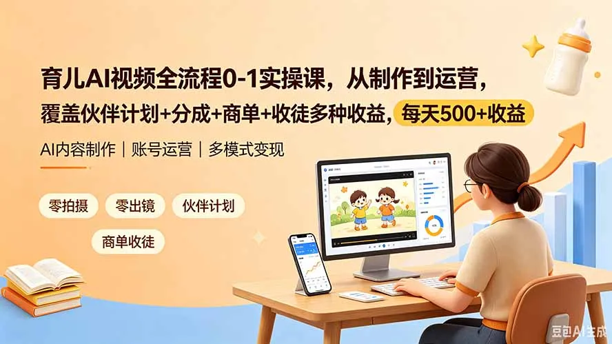 育儿AI视频全流程0-1实操课，从制作到运营，覆盖伙伴计划+分成+商单+收徒多种收益，每天500+收益-e家网