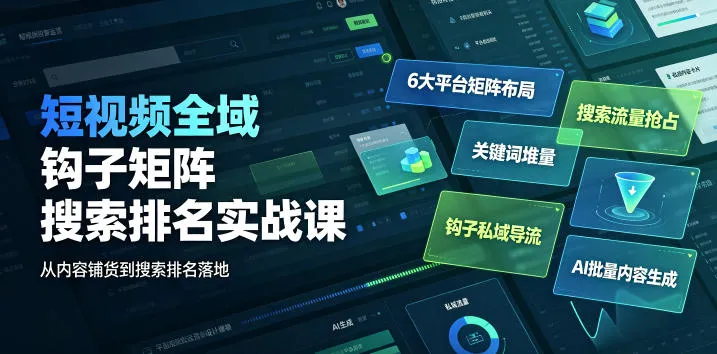 短视频全域钩子矩阵搜索排名实战课｜6大平台矩阵布局、关键词堆量抢占搜索流量、钩子私域导流、AI批量内容生成-e家网