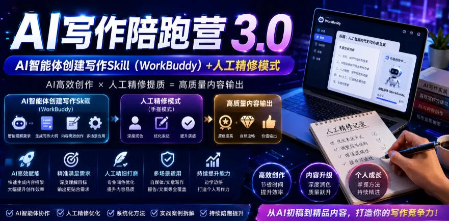 AI写作陪跑营3.0，Ai智能体创建写作skill（workbuddy）+人工手写模式（手搓模式），去除AI痕迹（头条号、公众号、百家号）-e家网