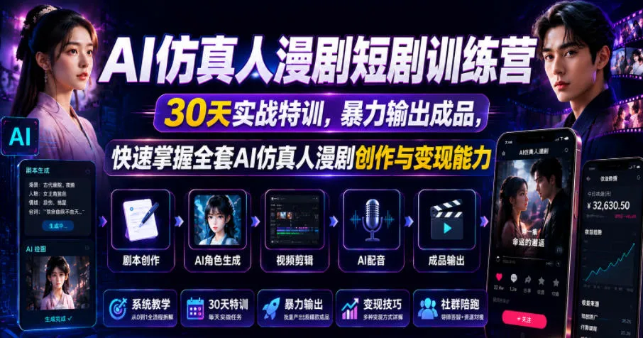 AI仿真人漫剧短剧训练营，30天实战特训，暴力输出成品，快速掌握全套AI仿真人漫剧创作与变现能力-e家网