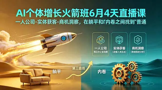 （18937期）AI个体增长火箭班6月4天直播课，一人公司-实体获客-商机洞察，在躺平和内卷之间找到“普通人创收”的第三曲线-e家网