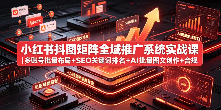 小红书抖图矩阵全域推广系统实战课｜多账号批量布局+SEO关键词排名+AI批量图文创作+合规私域导流完整落地教程-e家网