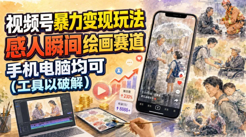 视频号暴力变现玩法，感人瞬间绘画赛道，手机电脑均可-e家网