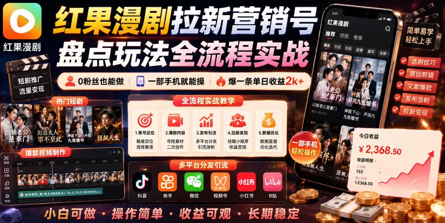 红果漫剧拉新营销号盘点玩法全流程实战，0粉丝也能做，一部手机就能做，爆一条单日收益2k+-e家网