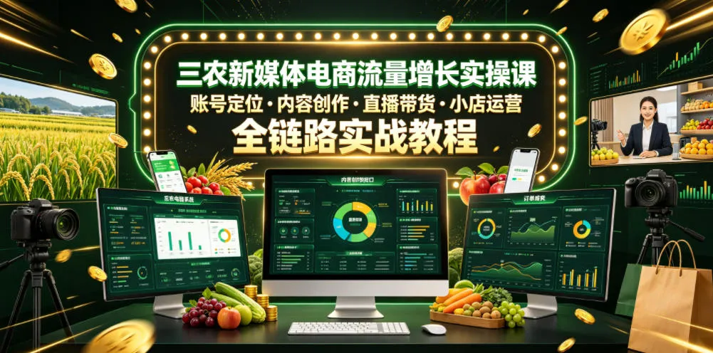 三农新媒体电商流量增长实操课，账号定位・内容创作・直播带货・小店运营，全链路实战教程-e家网
