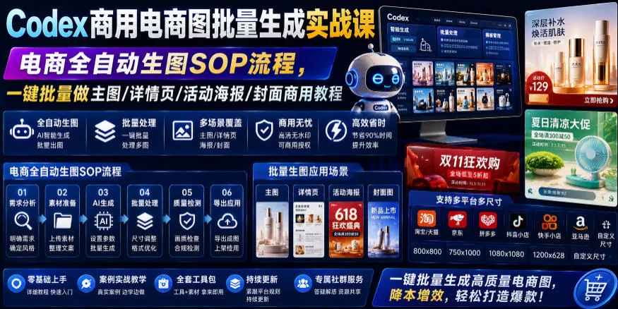Codex商用电商图批量生成实战课｜电商全自动生图SOP流程，一键批量做主图/详情页/活动海报/封面商用教程-e家网