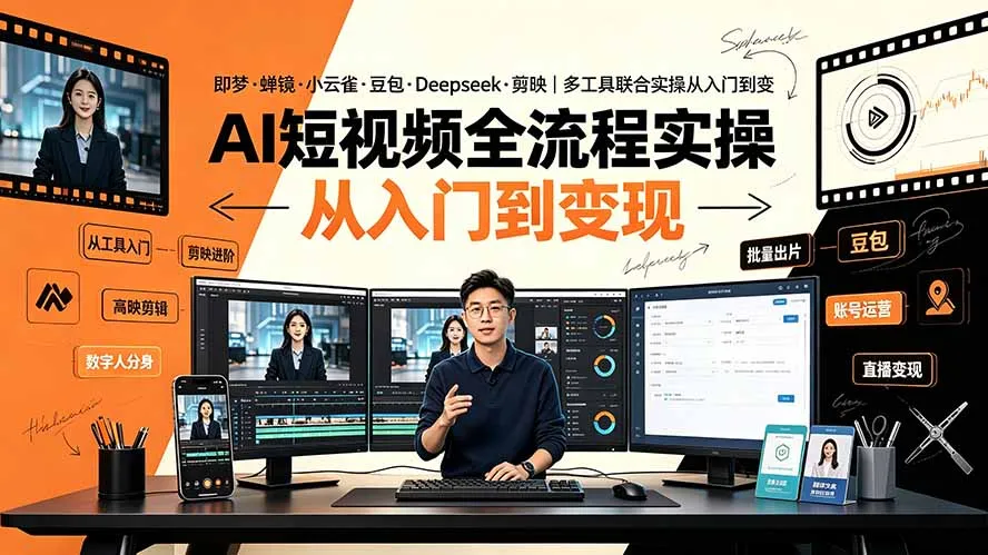 AI短视频全流程实操：即梦·蝉镜·小云雀·豆包·Deepseek·剪映｜多工具联合实操从入门到变现-e家网