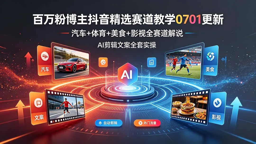 百万粉博主抖音精选赛道教学-0701更新，汽车+体育+美食+影视全赛道解说，AI剪辑文案全套实操-e家网