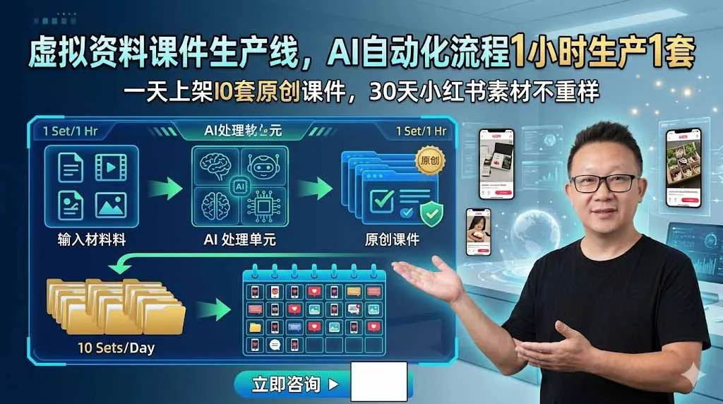 虚拟资料课件生产线，AI自动化流程1小时生产1套，一天上架10套原创课件，30天小红书素材不重样-e家网