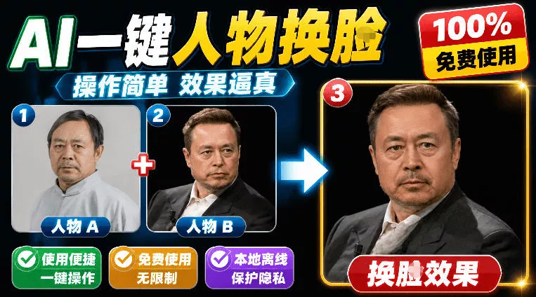纯离线本地运行！AI一键人物lian部替换软件，支持图片换lian，效果逼真，最便捷换lian工具FaceSwap-e家网