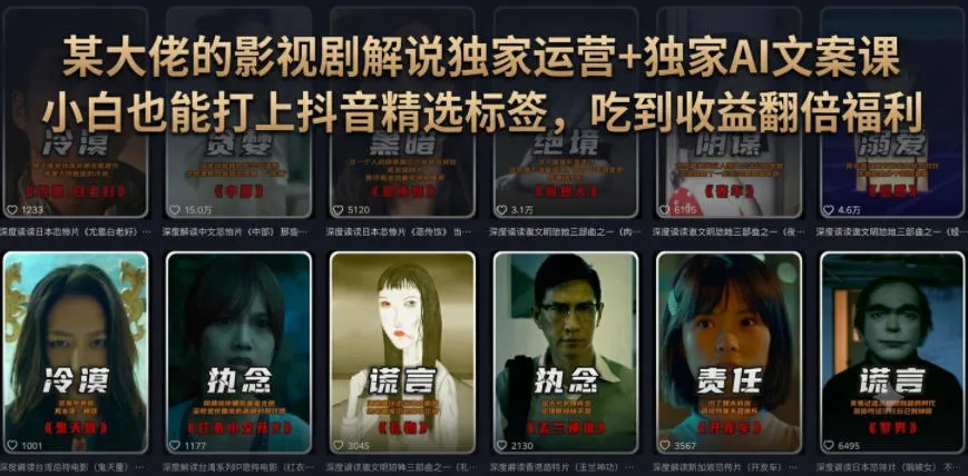 某大佬的影视剧解说独家运营+独家AI文案课，小白0粉丝也能快速打上抖音精选标签、吃到收益翻倍福利-e家网