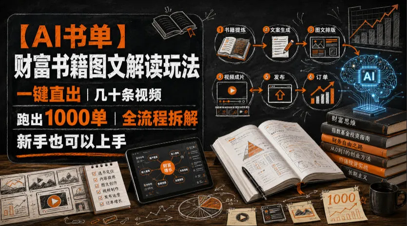 【AI书单】财富书籍图文解读玩法，一键直出，几十条视频，跑出1000单，全流程拆解，新手也可以上手-e家网