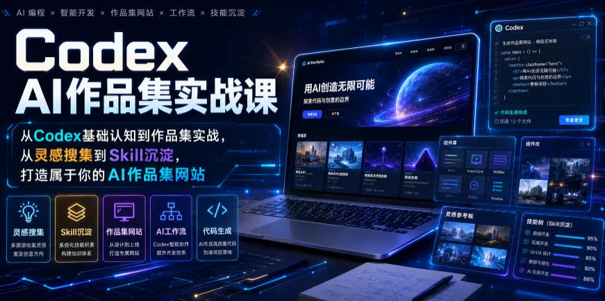Codex AI作品集实战课，从Codex基础认知到作品集实战，从灵感搜集到Skill沉淀，打造属于你的AI作品集网站-e家网