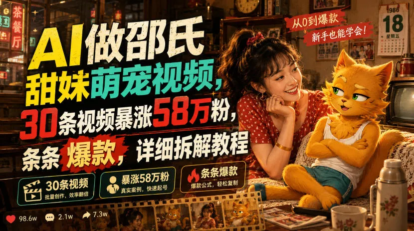 AI做邵氏甜妹萌宠视频，30条视频暴涨58万粉，条条爆款，详细拆解教程-e家网