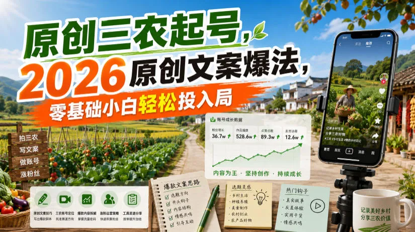 原创三农起号，2026原创文案爆法，零基础小白轻松投入局-e家网