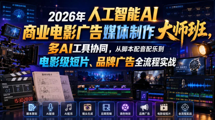 2026年人工智能AI商业电影广告媒体制作大师班，多AI工具协同，从脚本配音配乐到电影级短片、品牌广告全流程实战(中英字幕)-e家网