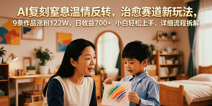 AI复刻窒息温情反转，治愈赛道新玩法，9条作品涨粉122W，日收益700+ 小白轻松上手，详细流程拆解-e家网