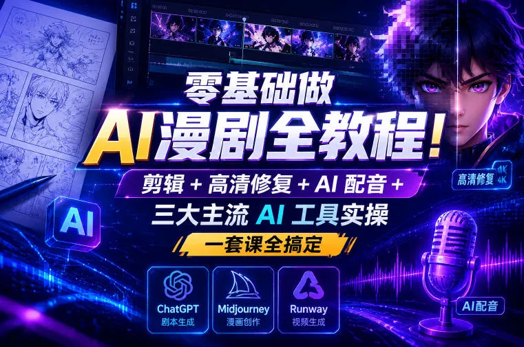 零基础做AI漫剧全教程！剪辑+高清修复+AI配音+三大主流AI工具实操，一套课全搞定-e家网