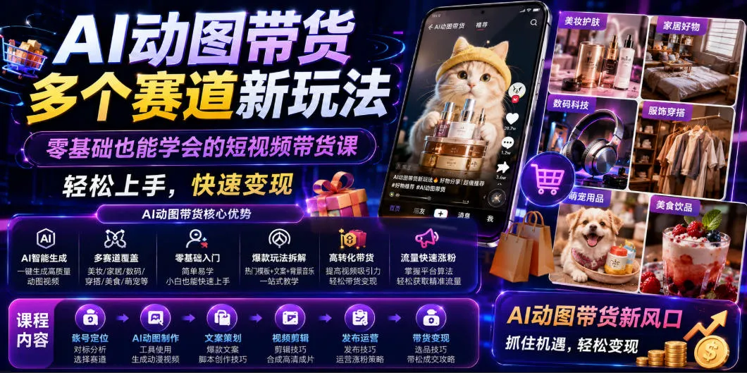AI动图带货多个赛道新玩法，零基础也能学会的短视频带货课，轻松上手，快速变现-e家网