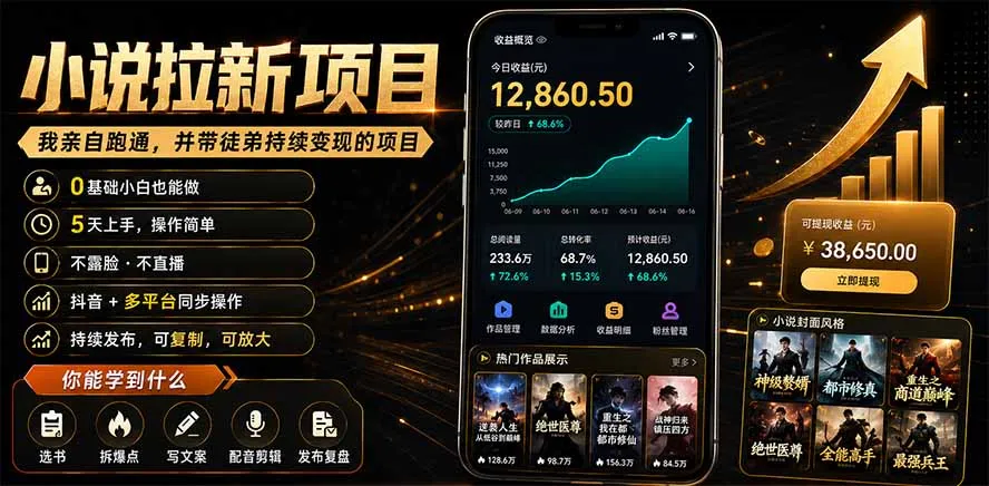 抖音及多平台小说拉新项目：我亲自跑通并持续带徒弟实操｜0基础小白5天上手快速变现-e家网