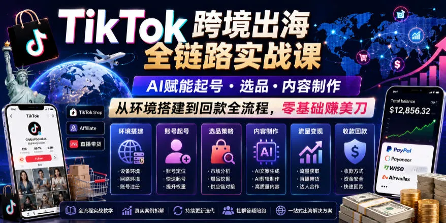 TikTok跨境出海全链路实战课，AI赋能起号・选品・内容制作，从环境搭建到回款全流程，零基础賺美刀-e家网