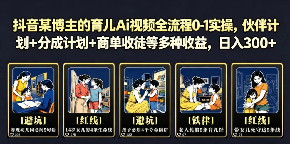 抖音某博主的育儿Ai视频全流程0-1实操，伙伴计划+分成计划+商单收徒等多种收益，日入300+-e家网