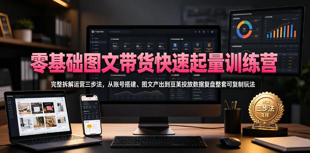 零基础图文带货快速起量训练营，完整拆解运营三步法，从账号搭建、图文产出到豆荚投放数据复盘整套可复制玩法-e家网