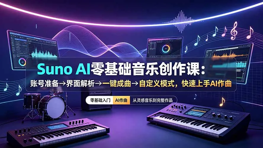 Suno AI零基础音乐创作课：账号准备→界面解析→一键成曲→自定义模式，快速上手AI作曲-e家网