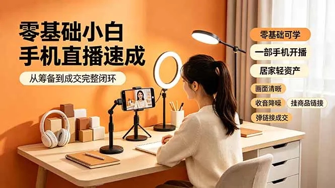 零基础小白手机直播速成，从筹备到成交完整闭环，适配苹果安卓系统，解决杂音卡顿留人难问题-e家网